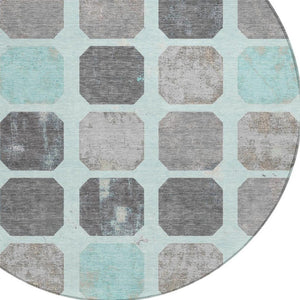 HomeRoots 5' Stylish Teal Blue Gray Ivory Geometric Indoor Outdoor Area Rug for Effortless Home Elegance 8' Round 627034