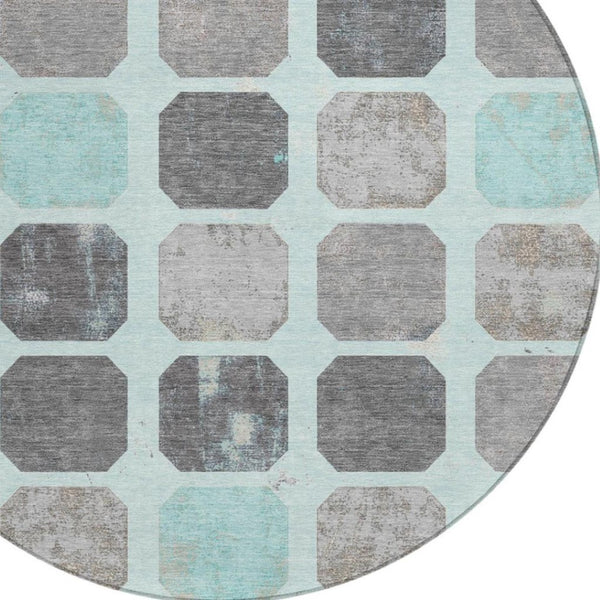 HomeRoots 5' Stylish Teal Blue Gray Ivory Geometric Indoor Outdoor Area Rug for Effortless Home Elegance 8' Round 627034