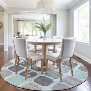 HomeRoots 5' Stylish Teal Blue Gray Ivory Geometric Indoor Outdoor Area Rug for Effortless Home Elegance 8' Round 627034