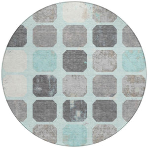 HomeRoots 5' Stylish Teal Blue Gray Ivory Geometric Indoor Outdoor Area Rug for Effortless Home Elegance 8' Round 627034