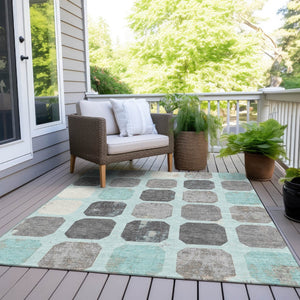 HomeRoots 5' Stylish Teal Blue Gray Ivory Geometric Indoor Outdoor Area Rug for Effortless Home Elegance 8' X 10' 627035