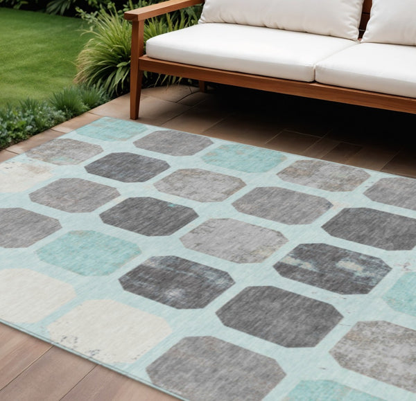 HomeRoots 5' Stylish Teal Blue Gray Ivory Geometric Indoor Outdoor Area Rug for Effortless Home Elegance 9' X 12' 627036