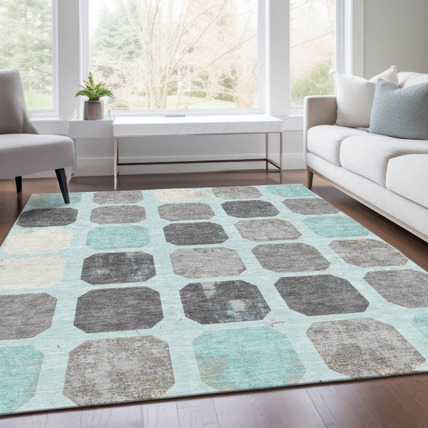 HomeRoots 5' Stylish Teal Blue Gray Ivory Geometric Indoor Outdoor Area Rug for Effortless Home Elegance 9' X 12' 627036