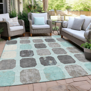 HomeRoots 5' Stylish Teal Blue Gray Ivory Geometric Indoor Outdoor Area Rug for Effortless Home Elegance 10' X 14' 627037
