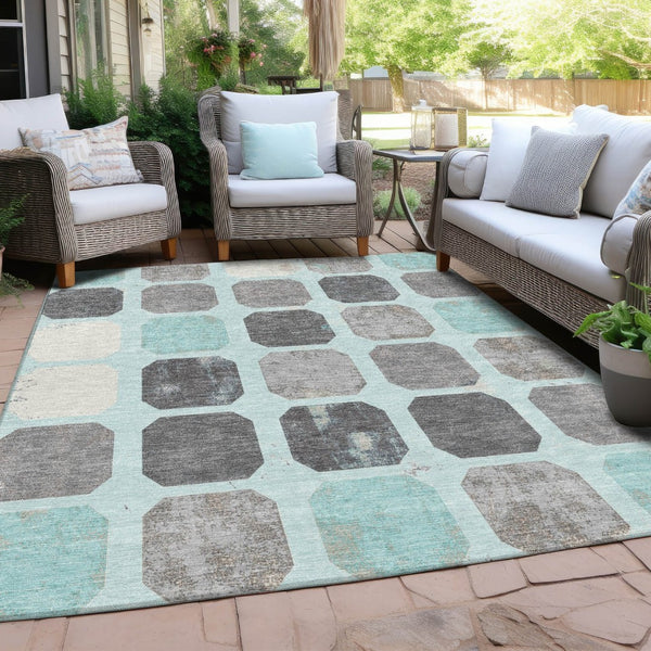 HomeRoots 5' Stylish Teal Blue Gray Ivory Geometric Indoor Outdoor Area Rug for Effortless Home Elegance 10' X 14' 627037