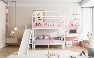 English Elm House-shaped Pine Bunk Bed with Built-in Slide Storage Staircase Twin Over Full Kids Frame White+Pink N820S00082K