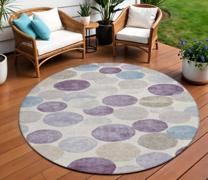 HomeRoots 5' Modern Geometric Area Rug in Plum, Beige, and Denim Blue for Indoor & Outdoor Spaces, Washable 8' Round 627040