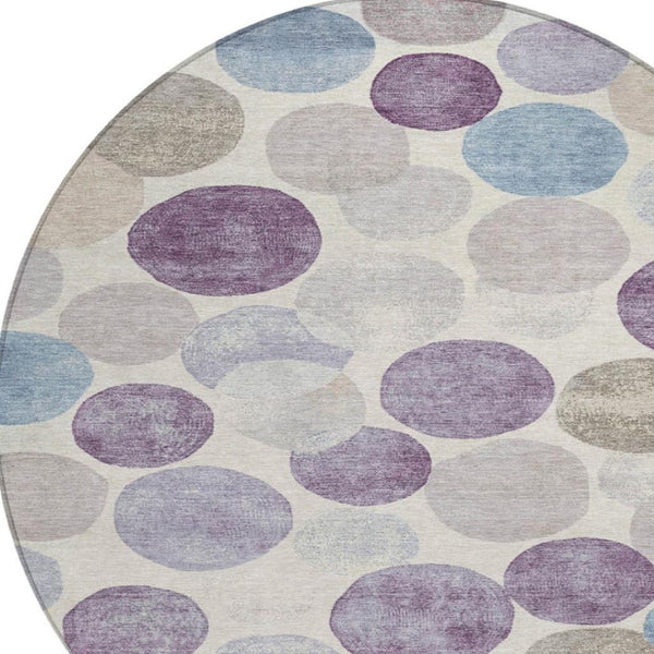 HomeRoots 5' Modern Geometric Area Rug in Plum, Beige, and Denim Blue for Indoor & Outdoor Spaces, Washable 8' Round 627040