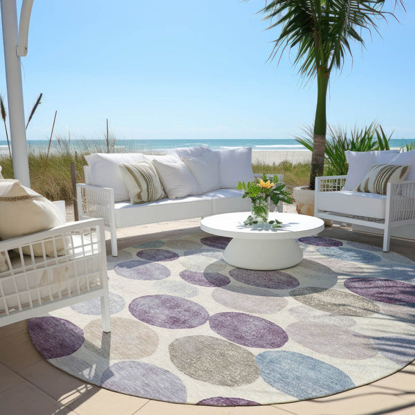 HomeRoots 5' Modern Geometric Area Rug in Plum, Beige, and Denim Blue for Indoor & Outdoor Spaces, Washable 8' Round 627040