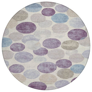 HomeRoots 5' Modern Geometric Area Rug in Plum, Beige, and Denim Blue for Indoor & Outdoor Spaces, Washable 8' Round 627040