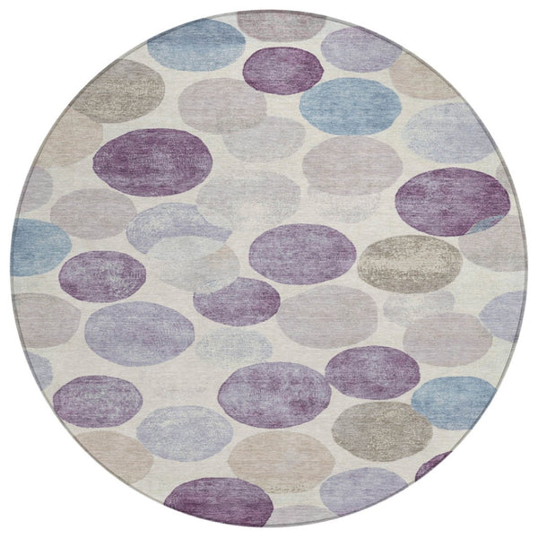 HomeRoots 5' Modern Geometric Area Rug in Plum, Beige, and Denim Blue for Indoor & Outdoor Spaces, Washable 8' Round 627040