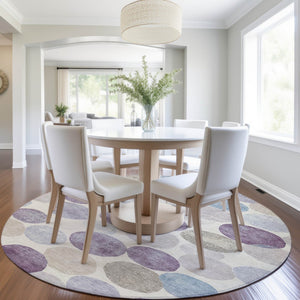 HomeRoots 5' Modern Geometric Area Rug in Plum, Beige, and Denim Blue for Indoor & Outdoor Spaces, Washable 8' Round 627040