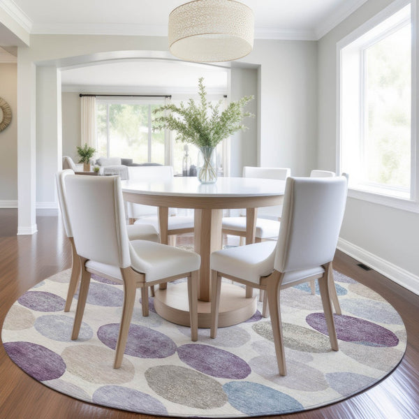 HomeRoots 5' Modern Geometric Area Rug in Plum, Beige, and Denim Blue for Indoor & Outdoor Spaces, Washable 8' Round 627040