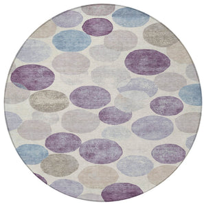 HomeRoots 5' Modern Geometric Area Rug in Plum, Beige, and Denim Blue for Indoor & Outdoor Spaces, Washable 8' Round 627040