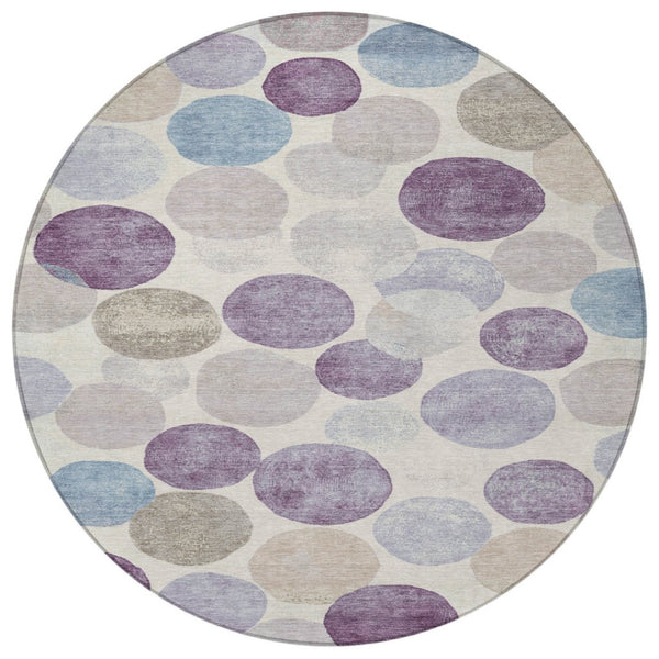 HomeRoots 5' Modern Geometric Area Rug in Plum, Beige, and Denim Blue for Indoor & Outdoor Spaces, Washable 8' Round 627040