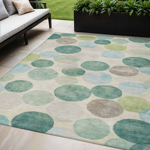 HomeRoots 5' Durable Indoor Outdoor Area Rug in Teal Blue Green and Ivory Geometric Design for Easy Care 5' X 8' 627045
