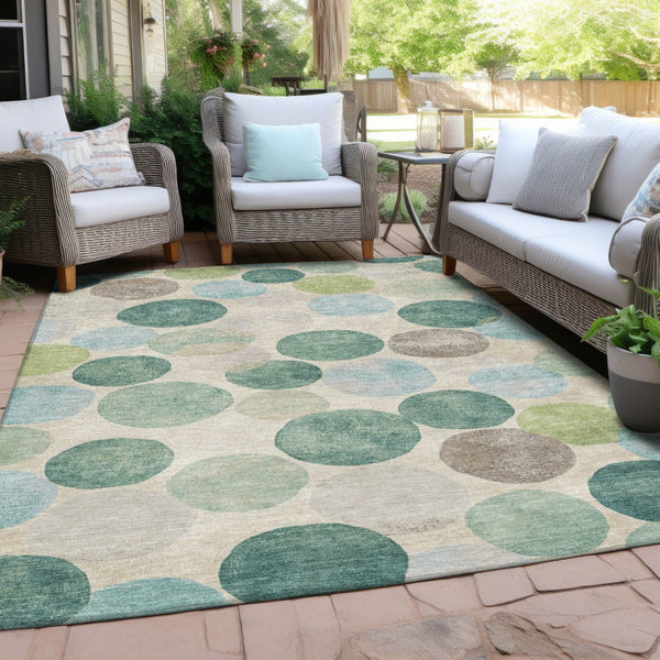 HomeRoots 5' Durable Indoor Outdoor Area Rug in Teal Blue Green and Ivory Geometric Design for Easy Care 5' X 8' 627045