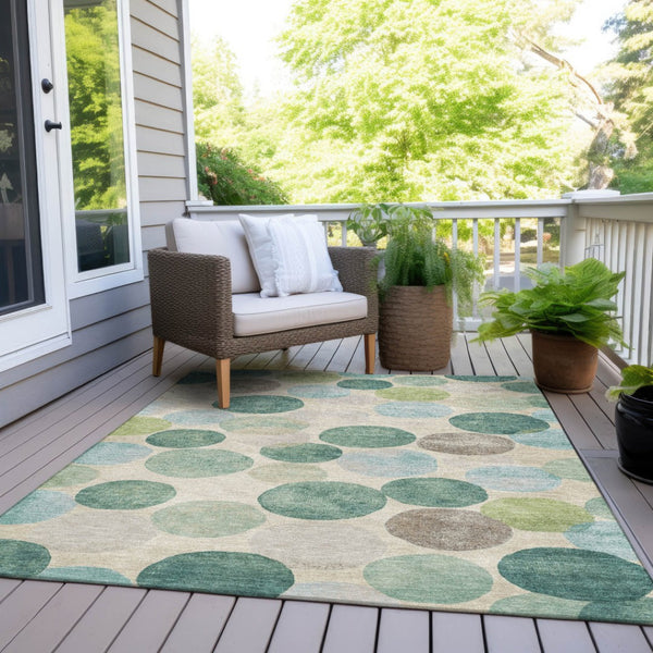 HomeRoots 5' Durable Indoor Outdoor Area Rug in Teal Blue Green and Ivory Geometric Design for Easy Care 5' X 8' 627045