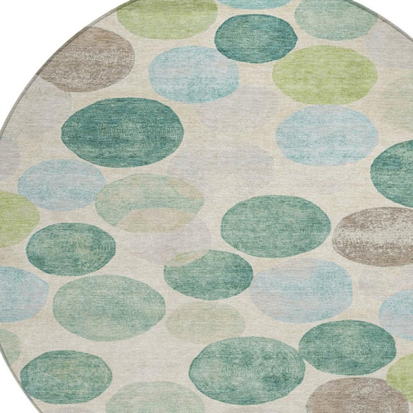 HomeRoots 5' Durable Indoor Outdoor Area Rug in Teal Blue Green and Ivory Geometric Design for Easy Care 8' Round 627046