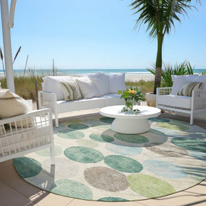 HomeRoots 5' Durable Indoor Outdoor Area Rug in Teal Blue Green and Ivory Geometric Design for Easy Care 8' Round 627046