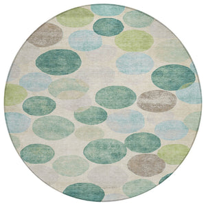 HomeRoots 5' Durable Indoor Outdoor Area Rug in Teal Blue Green and Ivory Geometric Design for Easy Care 8' Round 627046