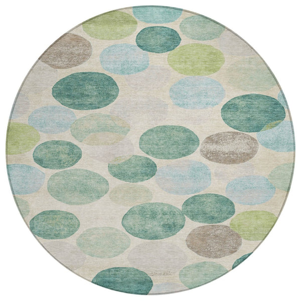 HomeRoots 5' Durable Indoor Outdoor Area Rug in Teal Blue Green and Ivory Geometric Design for Easy Care 8' Round 627046