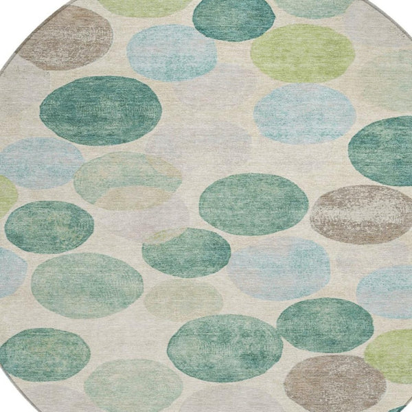 HomeRoots 5' Durable Indoor Outdoor Area Rug in Teal Blue Green and Ivory Geometric Design for Easy Care 8' Round 627046