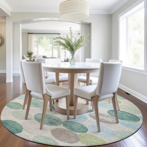 HomeRoots 5' Durable Indoor Outdoor Area Rug in Teal Blue Green and Ivory Geometric Design for Easy Care 8' Round 627046