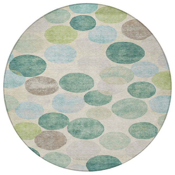 HomeRoots 5' Durable Indoor Outdoor Area Rug in Teal Blue Green and Ivory Geometric Design for Easy Care 8' Round 627046