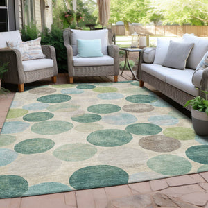 HomeRoots 5' Durable Indoor Outdoor Area Rug in Teal Blue Green and Ivory Geometric Design for Easy Care 8' X 10' 627047