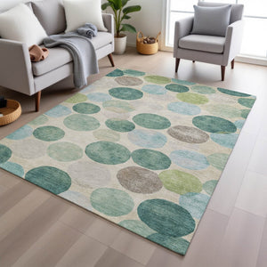 HomeRoots 5' Durable Indoor Outdoor Area Rug in Teal Blue Green and Ivory Geometric Design for Easy Care 8' X 10' 627047