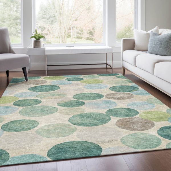 HomeRoots 5' Durable Indoor Outdoor Area Rug in Teal Blue Green and Ivory Geometric Design for Easy Care 9' X 12' 627048