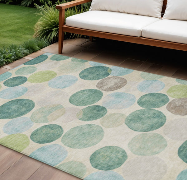 HomeRoots 5' Durable Indoor Outdoor Area Rug in Teal Blue Green and Ivory Geometric Design for Easy Care 10' X 14' 627049