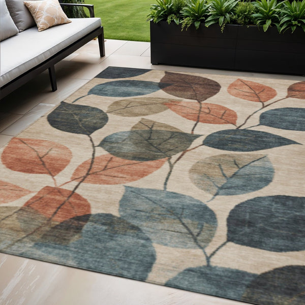 HomeRoots 5' Indoor Outdoor Area Rug with Timeless Floral Design in Beige, Copper, and Denim Blue Tones 5' X 8' 627075