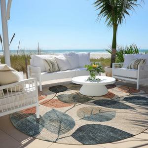 HomeRoots 5' Indoor Outdoor Area Rug with Timeless Floral Design in Beige, Copper, and Denim Blue Tones 8' Round 627076