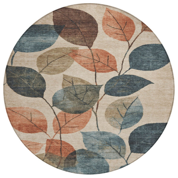 HomeRoots 5' Indoor Outdoor Area Rug with Timeless Floral Design in Beige, Copper, and Denim Blue Tones 8' Round 627076