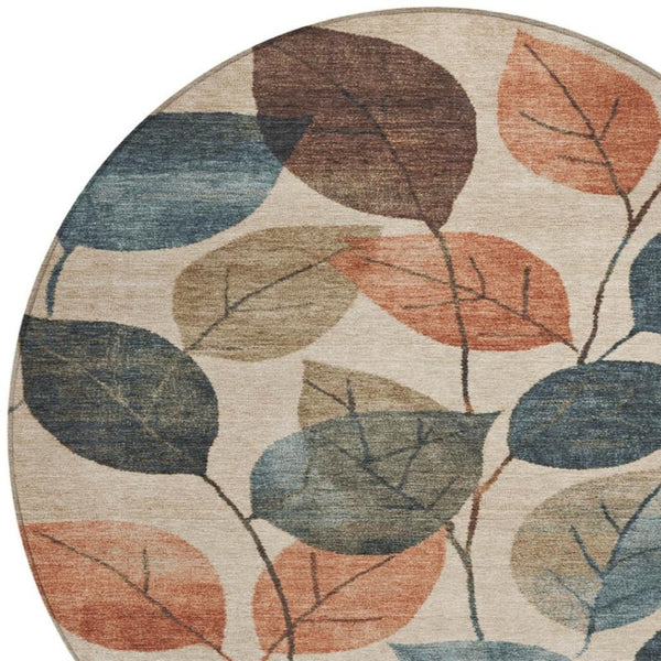 HomeRoots 5' Indoor Outdoor Area Rug with Timeless Floral Design in Beige, Copper, and Denim Blue Tones 8' Round 627076