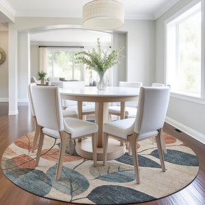 HomeRoots 5' Indoor Outdoor Area Rug with Timeless Floral Design in Beige, Copper, and Denim Blue Tones 8' Round 627076