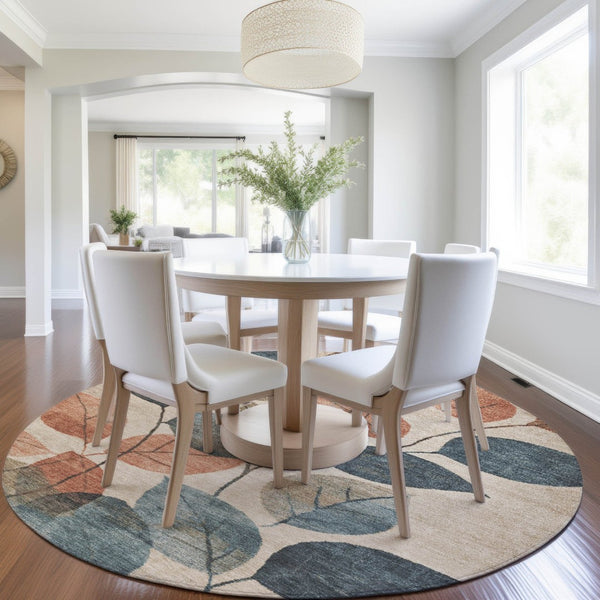HomeRoots 5' Indoor Outdoor Area Rug with Timeless Floral Design in Beige, Copper, and Denim Blue Tones 8' Round 627076