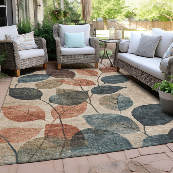 HomeRoots 5' Indoor Outdoor Area Rug with Timeless Floral Design in Beige, Copper, and Denim Blue Tones 8' X 10' 627077