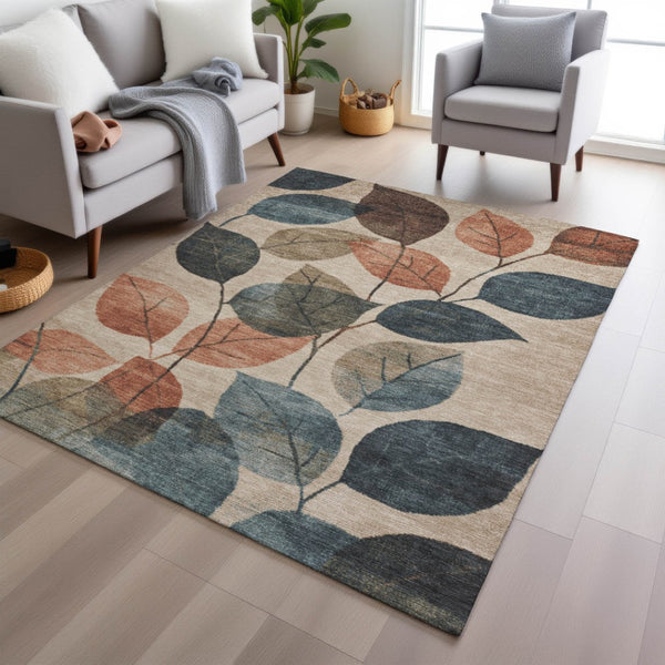 HomeRoots 5' Indoor Outdoor Area Rug with Timeless Floral Design in Beige, Copper, and Denim Blue Tones 9' X 12' 627078