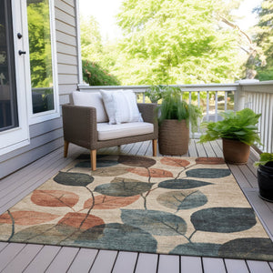 HomeRoots 5' Indoor Outdoor Area Rug with Timeless Floral Design in Beige, Copper, and Denim Blue Tones 10' X 14' 627079