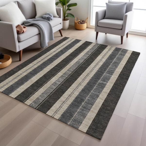 HomeRoots 5' Classic Black and Ivory Striped Washable Indoor-Outdoor Area Rug for Stylish, Durable Living Spaces 5' X 8' 627081