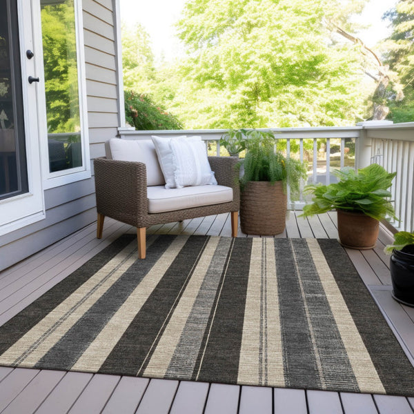 HomeRoots 5' Classic Black and Ivory Striped Washable Indoor-Outdoor Area Rug for Stylish, Durable Living Spaces 5' X 8' 627081
