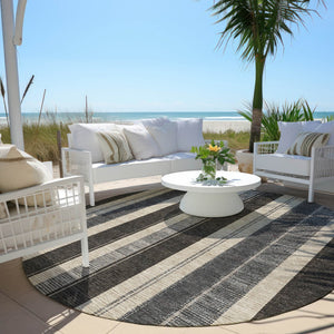 HomeRoots 5' Classic Black and Ivory Striped Washable Indoor-Outdoor Area Rug for Stylish, Durable Living Spaces 8' Round 627082