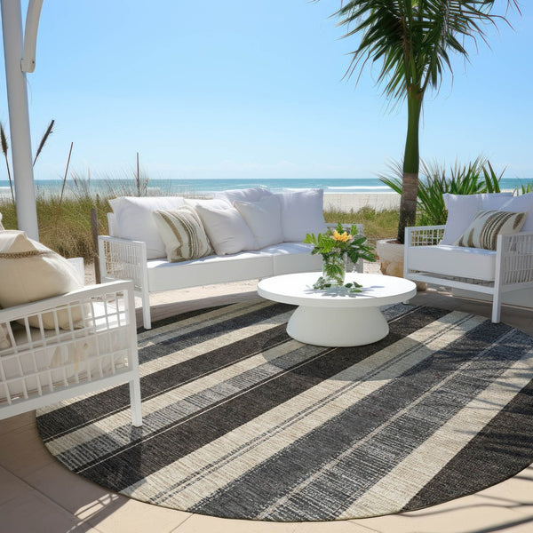 HomeRoots 5' Classic Black and Ivory Striped Washable Indoor-Outdoor Area Rug for Stylish, Durable Living Spaces 8' Round 627082