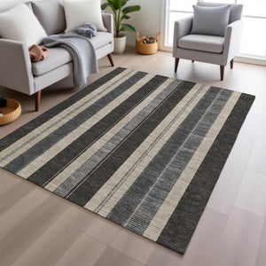 HomeRoots 5' Classic Black and Ivory Striped Washable Indoor-Outdoor Area Rug for Stylish, Durable Living Spaces 8' X 10' 627083