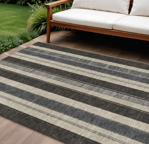 HomeRoots 5' Classic Black and Ivory Striped Washable Indoor-Outdoor Area Rug for Stylish, Durable Living Spaces 9' X 12' 627084