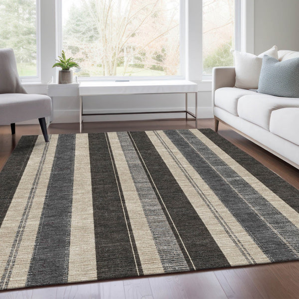 HomeRoots 5' Classic Black and Ivory Striped Washable Indoor-Outdoor Area Rug for Stylish, Durable Living Spaces 9' X 12' 627084