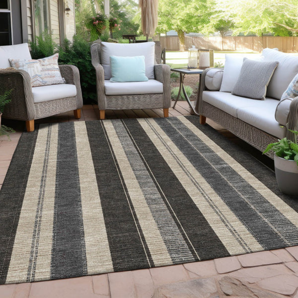 HomeRoots 5' Classic Black and Ivory Striped Washable Indoor-Outdoor Area Rug for Stylish, Durable Living Spaces 10' X 14' 627085